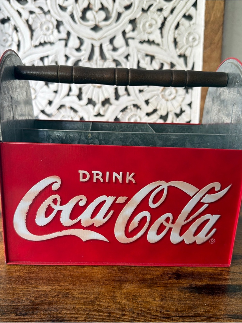 Coca Cola Red Metal Beverage Carrier with Wood Handle